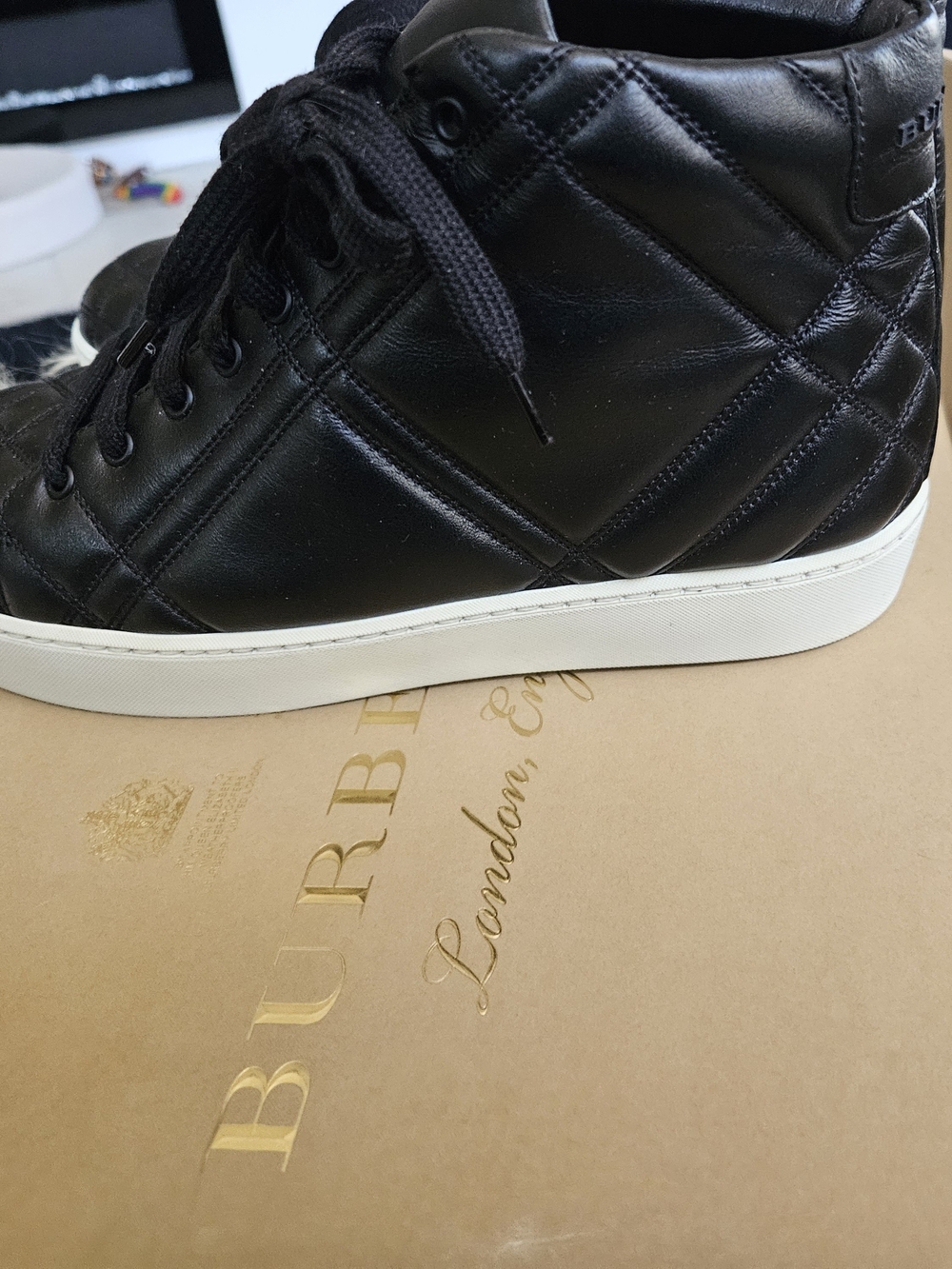 Burberry Black Quilted Leather High-Top Sneaker with White Sole